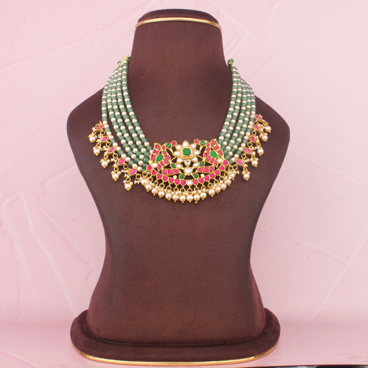 Floral Jadau kundan peacock Design Necklace In Pearl And Kundan Hangings