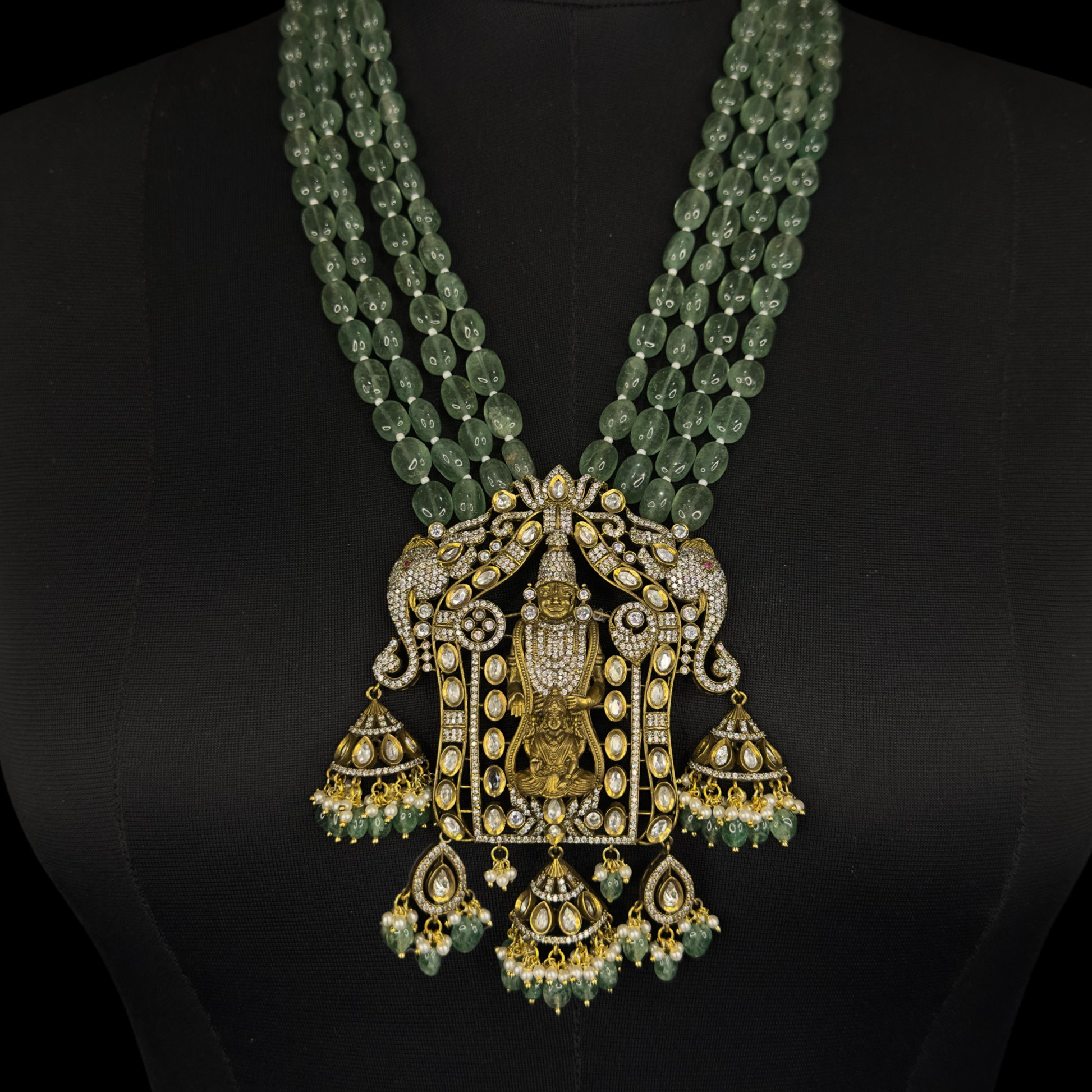Lord Balaji Victorian Beads Maala with Kundan Polki & Jhumka Earrings. This Victorian Jewellery is available in a Green colour variant. 