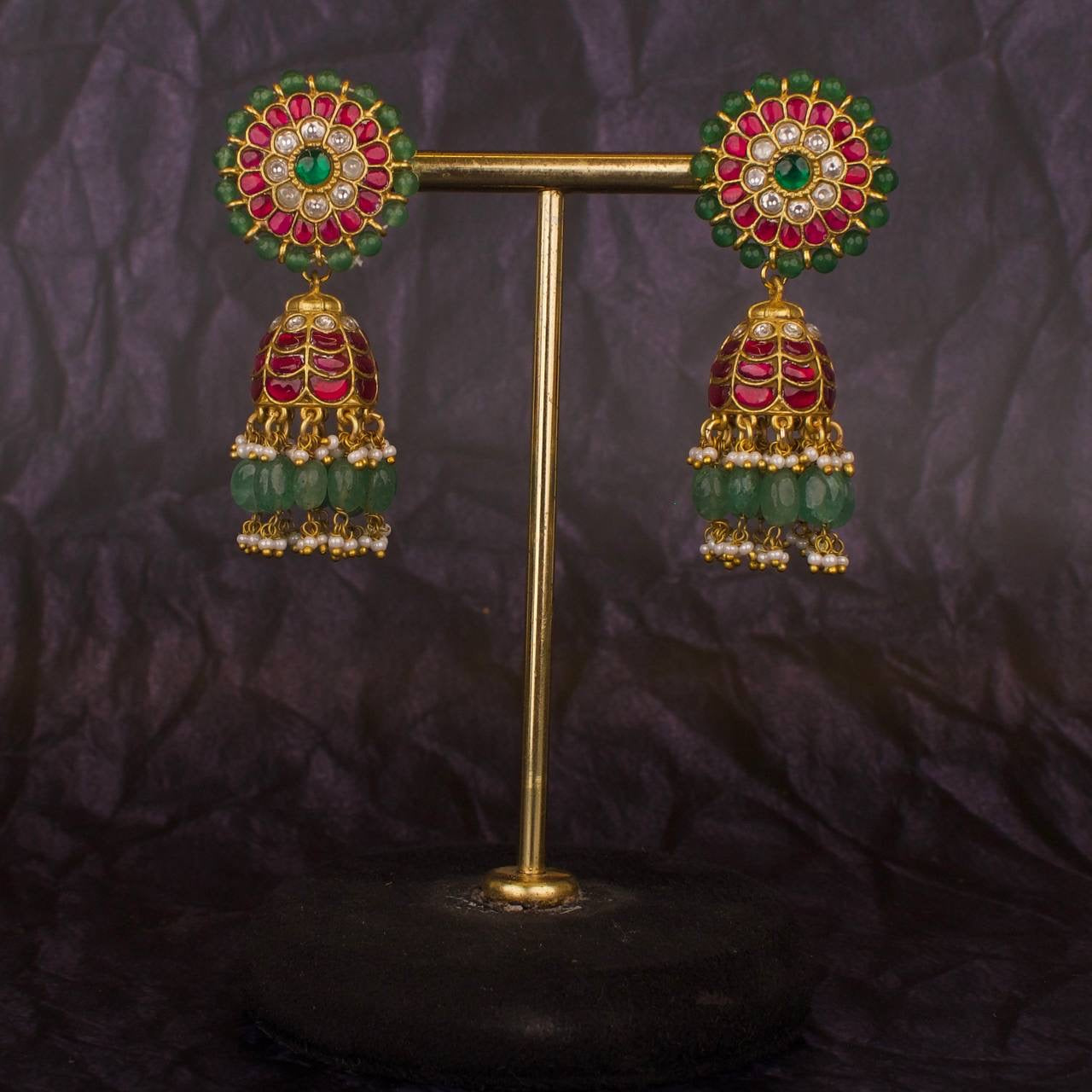 Floral Studded Jadau Kundan Beads Bordered Jhumki Earrings
