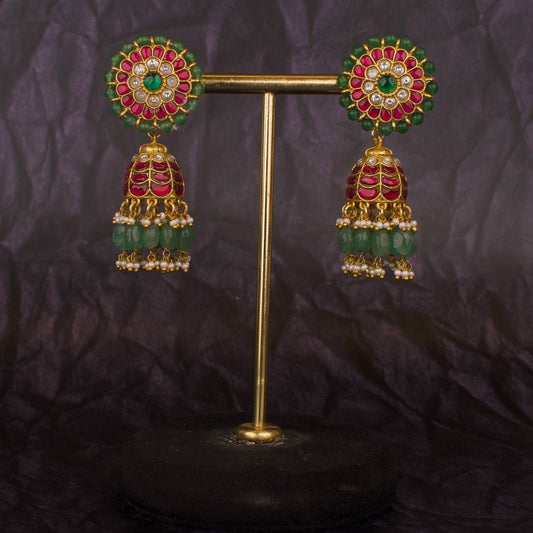 Floral Studded Jadau Kundan Beads Bordered Jhumki Earrings