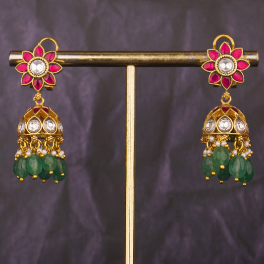 Unique Jadau Kundan Jhumki Earrings With Strawberry Beads As Hangings