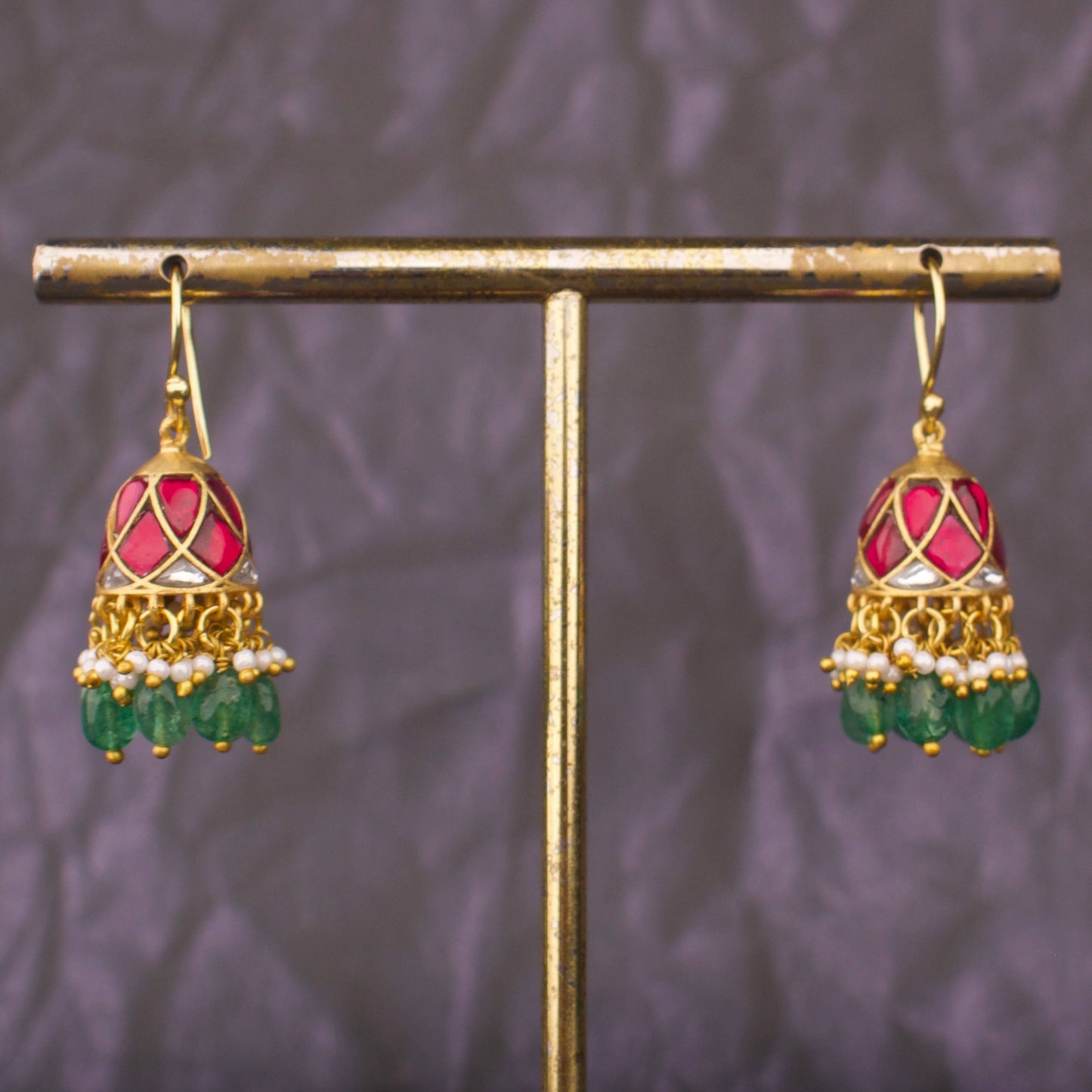 Jadau Kundan Mini Jhumki Hangings With Green Beads