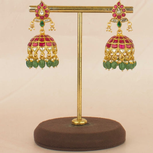 Spectacular Design Jadau Kundan Jhumki with Green Beads