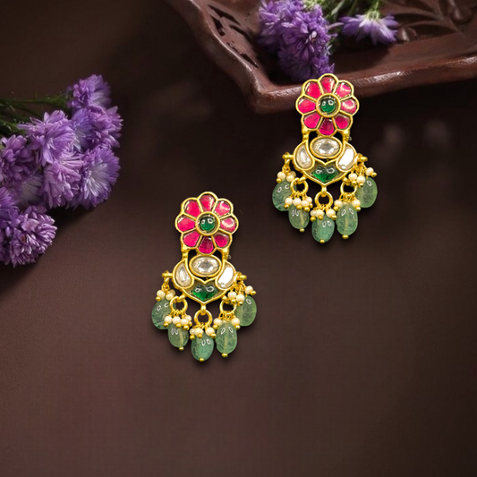 Pink Blossom Jadau Kundan Chandbali with Emerald Drops