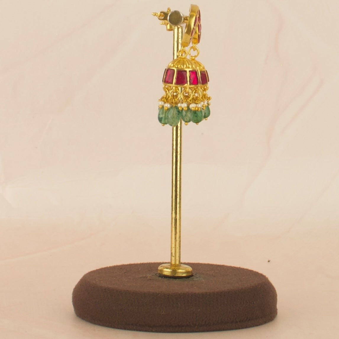 Mango Design Studded Jadau Kundan Jhumki with Green Beads
