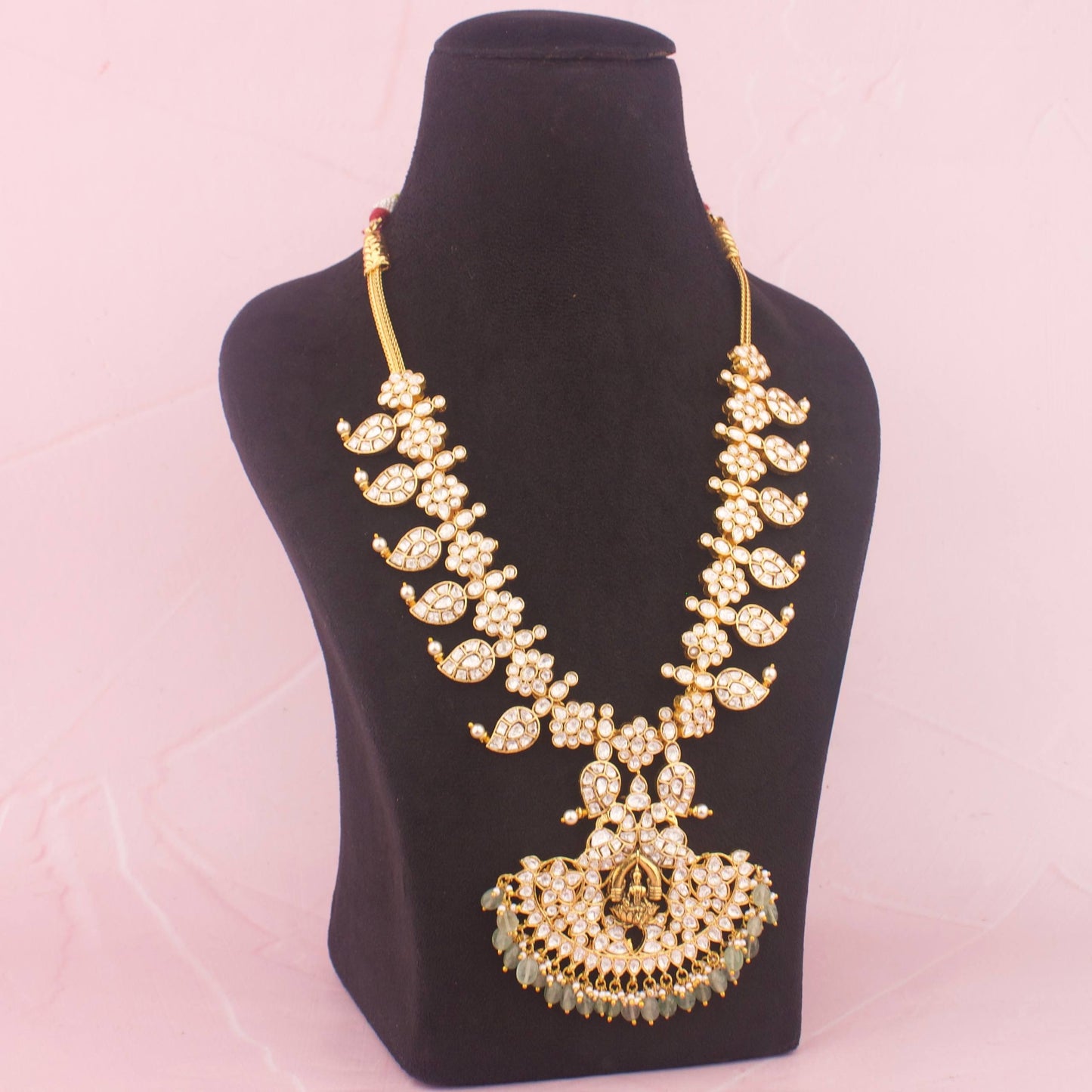South Indian Mossanite Mango Necklace Set with Green Drops Styling Angle View 4 - Dulhan Jewels