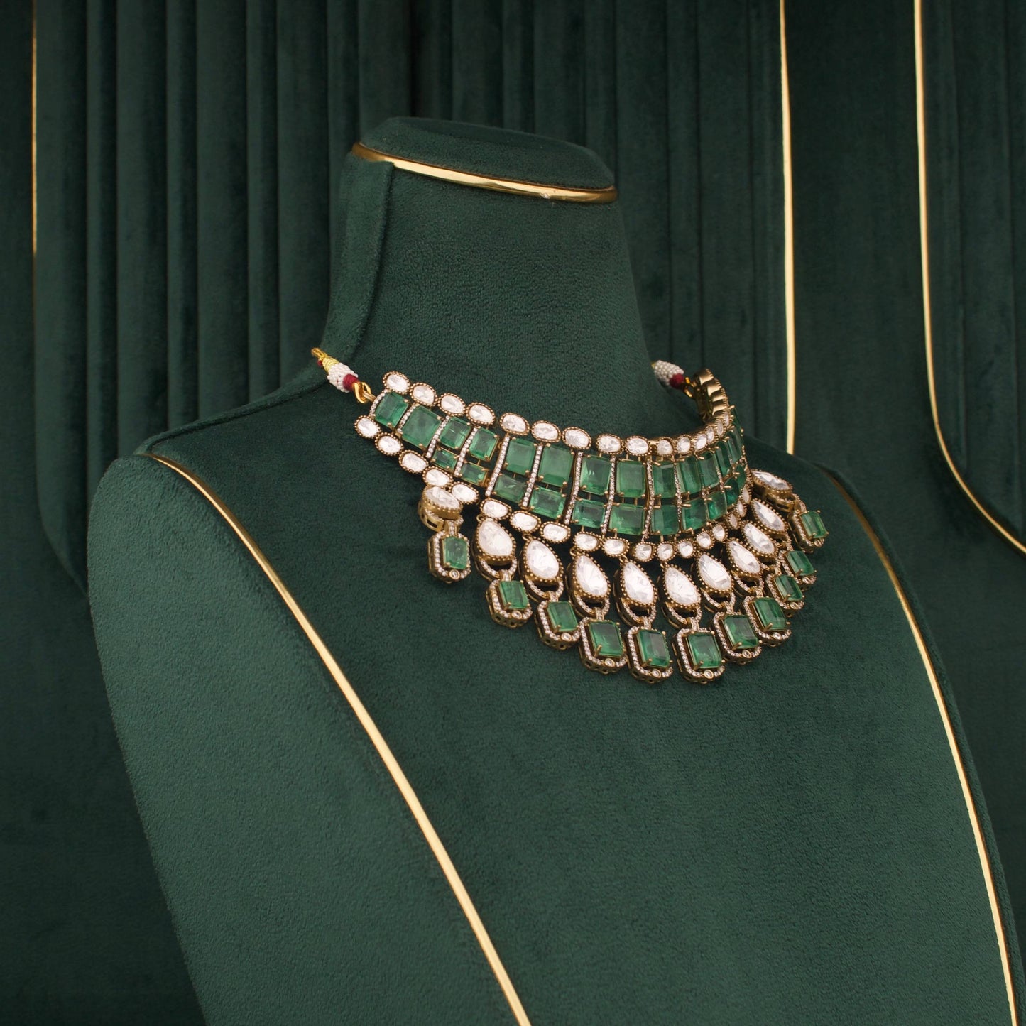 Victorian Emerald Polki Statement Choker Necklace Set With Drop Earrings