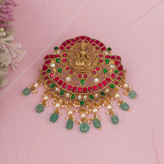 Bridal Lakshmi Devi Temple Design Jadau Kundan Pendant With Pearl Hangings And Green Drops