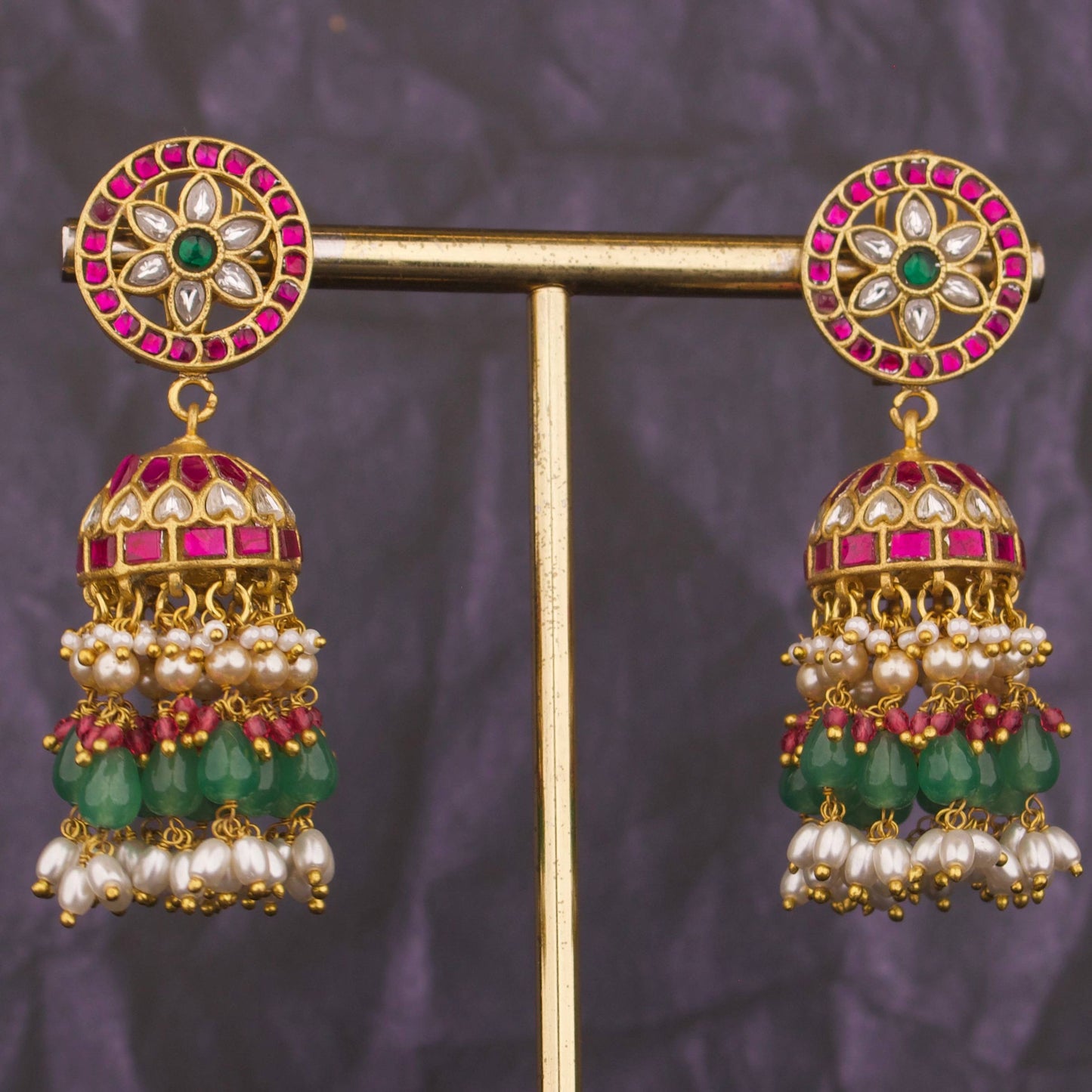 Unique  Jadau Kundan Jhumka with Swarovski Rice Hanging