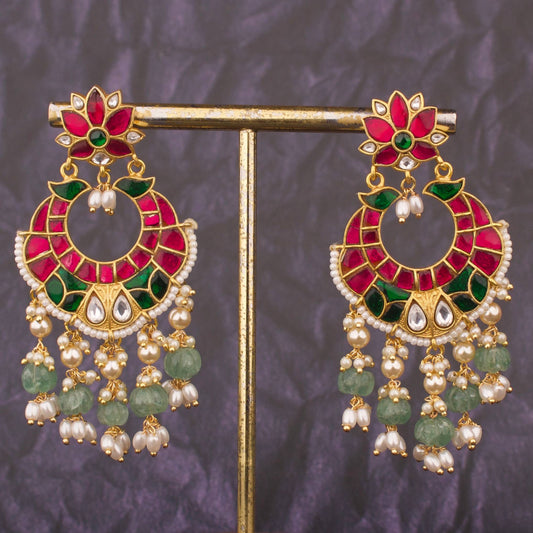 Grand Lotus Design Jadau Kundan Chand Bali with Beads Hanging