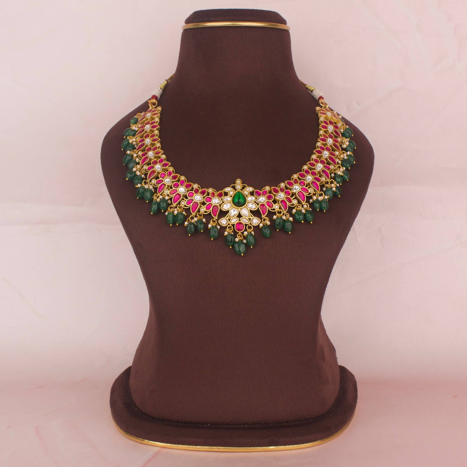 Elite Gold Style Jadau Kundan Necklace With Beads Hanging
