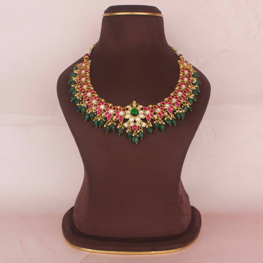 Elite Gold Style Jadau Kundan Necklace With Beads Hanging