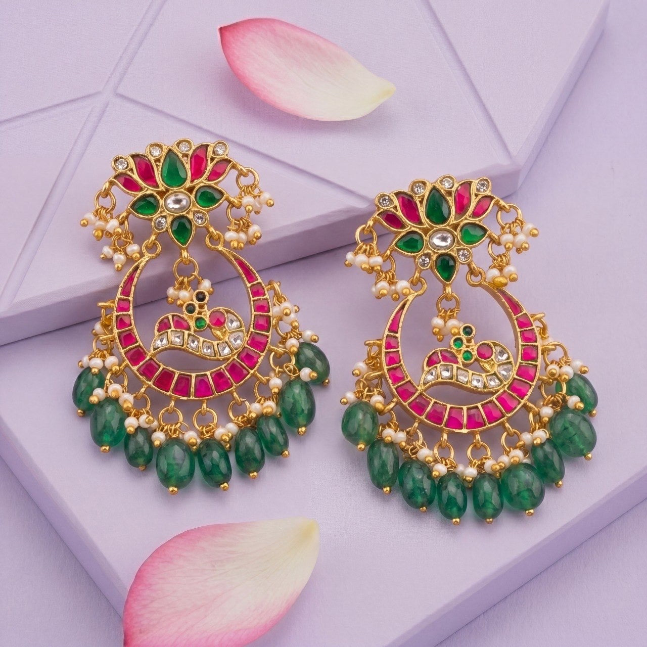 Designer Jadau Kundan Chandbali Earrings With Emerald Beads
