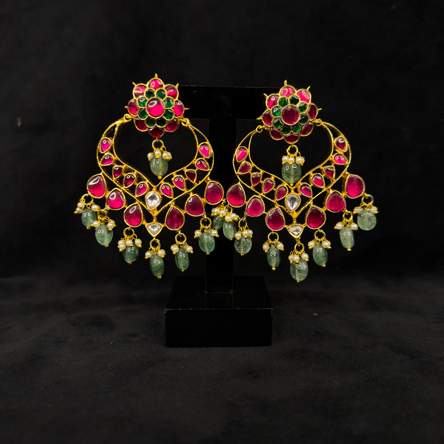 Elegant Flower topped Jadau Kundan Chandbali with Russian beads