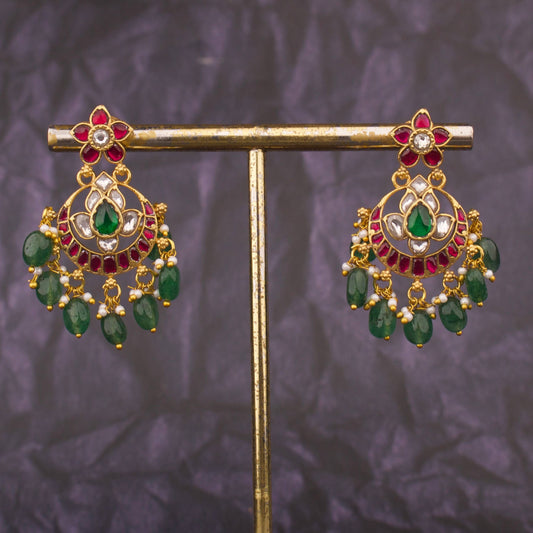 Imperial Jadau Kundan Chandbali Earrings With Green Beads