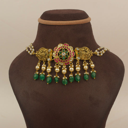 Elegant Jadau Kundan Choker with Nakshi Work and Emerald Bead Drops