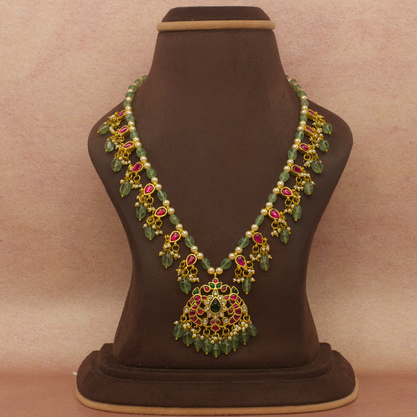 Classic jadau kundan chain necklace with peacock design locket