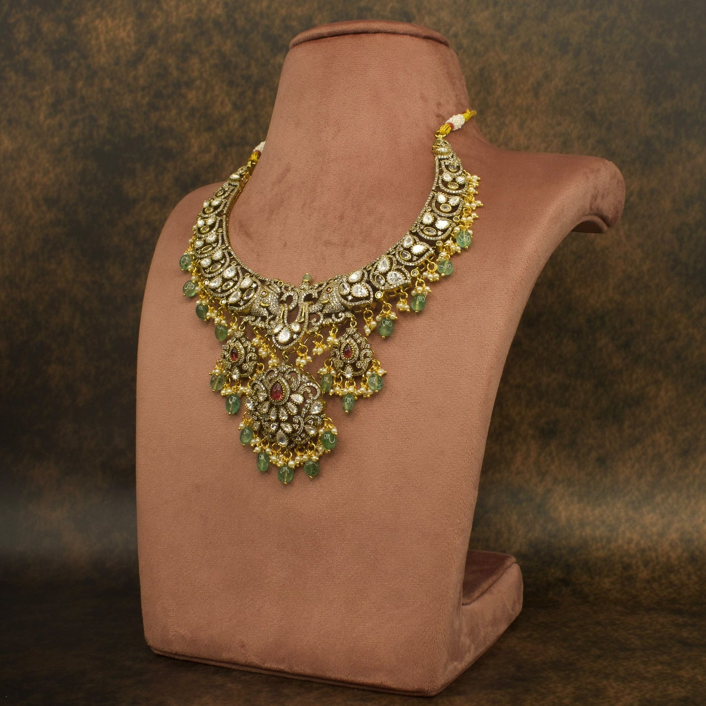 Victorian Polki Opulence Necklace Set with maang tikka finished in High Quality Victorian polish