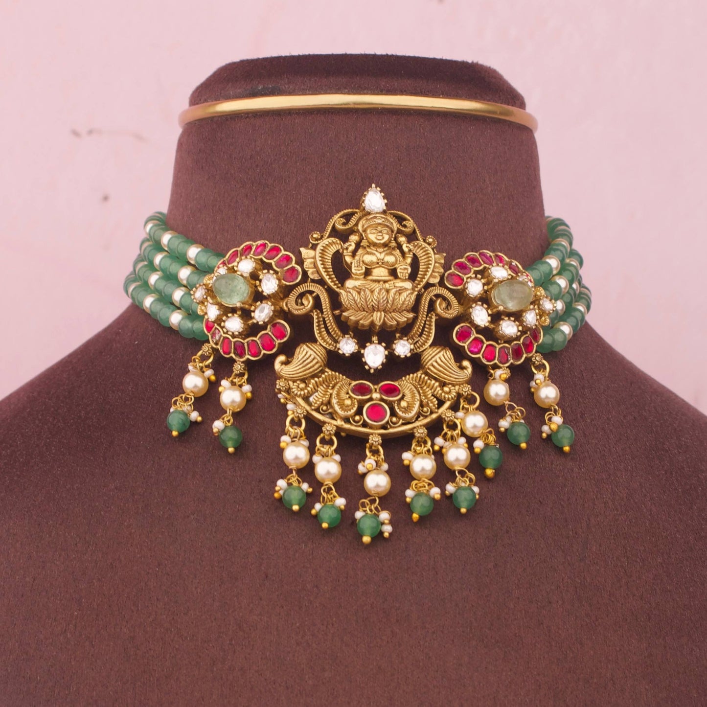 Traditional Beaded Choker Necklace Set With Lakshmi Devi Pendant