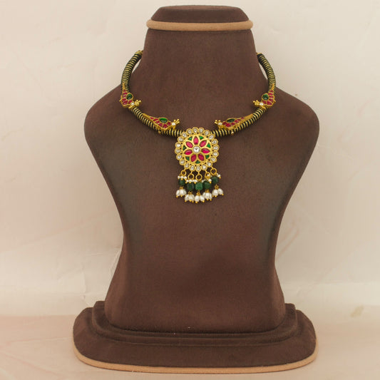 Floral Sun Shaped Jadau Kundan Peacock Thread Necklace