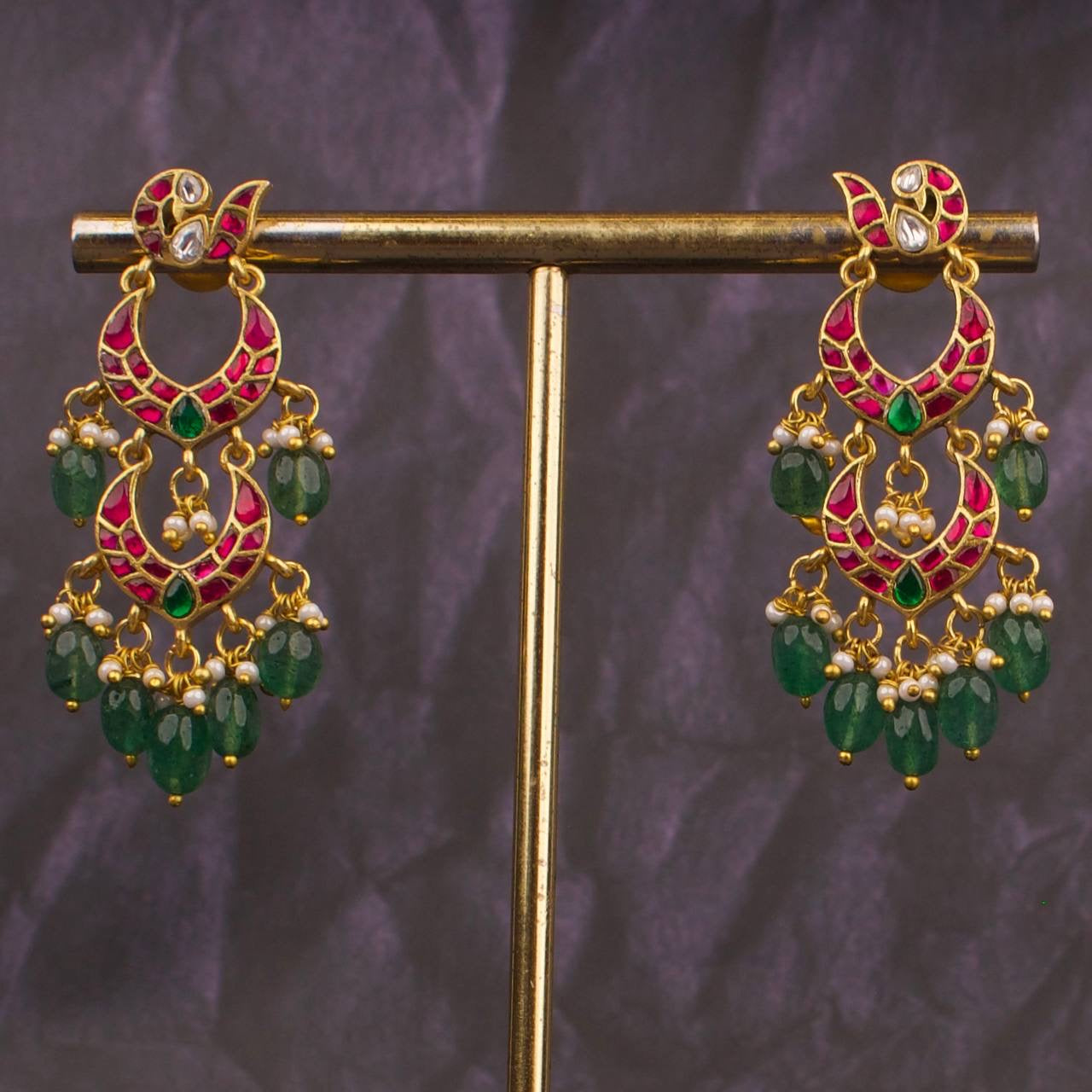 Peacock Studded Jadau Kundan Double Step Chandbali Earrings