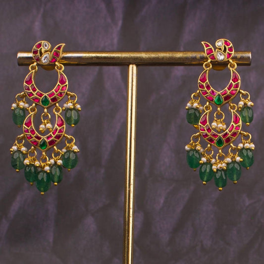 Peacock Studded Jadau Kundan Double Step Chandbali Earrings