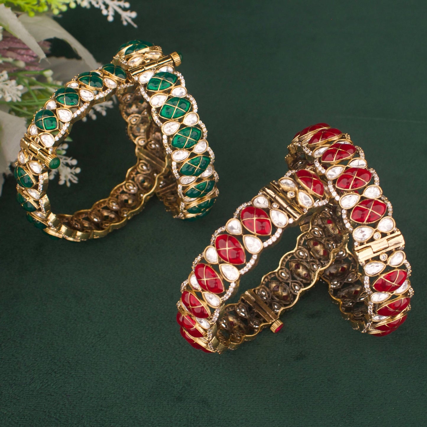 Elegant Design Fusion Kundan & Polki Victorian Bangles - Premium Indian Ethnic Jewelry | Dulhan Jewels