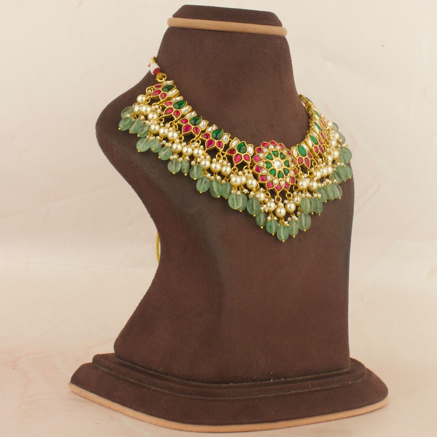 Floral Lotus Design Jadau Kundan Short Necklace with Green Beads