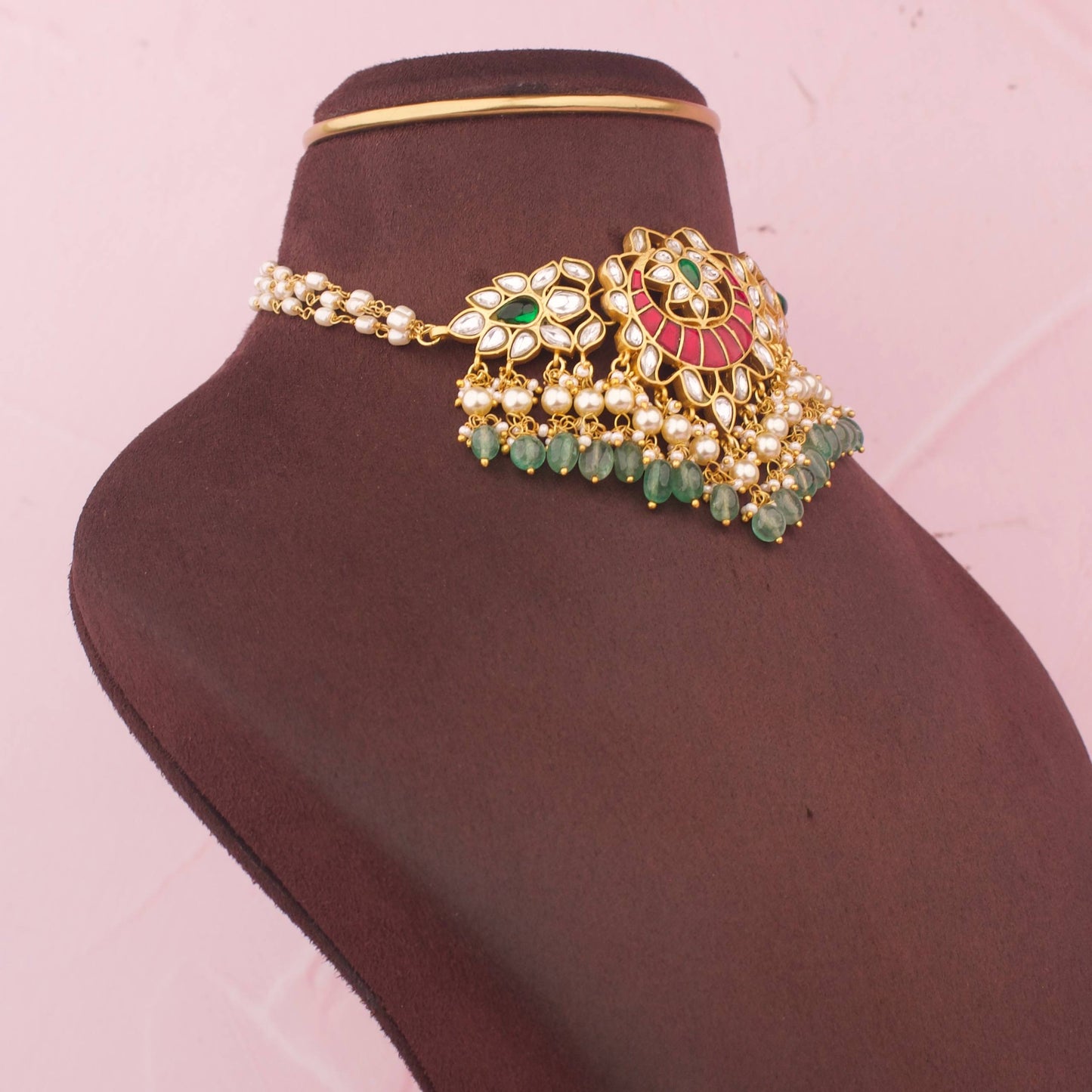 Stunning Jadau Kundan Choker Necklace With Pearl And Green Drop Hangings
