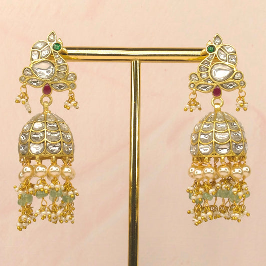 White kundan  peacock studded jadau kunda Jhumkas