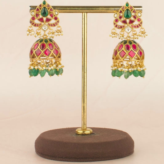 Bridal Jadau Kundan Jhumki Earrings With Green Bead As Drops