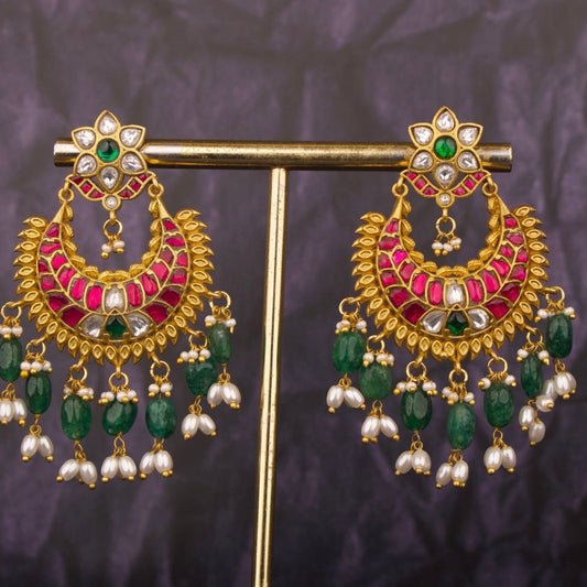 Floral Studded Jadau Kundan Chandbali Earrings With Pearl & Beads Hanging