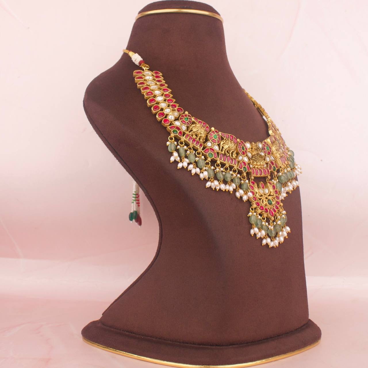 Divine Laxmi Devi x Nakhsi Necklace With Green Beads Hangings