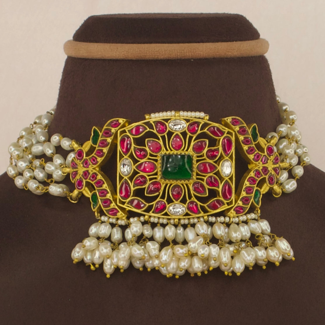 Traditional Jadau Kundan Choker Necklace with rice pearls with 22k Gold plating 