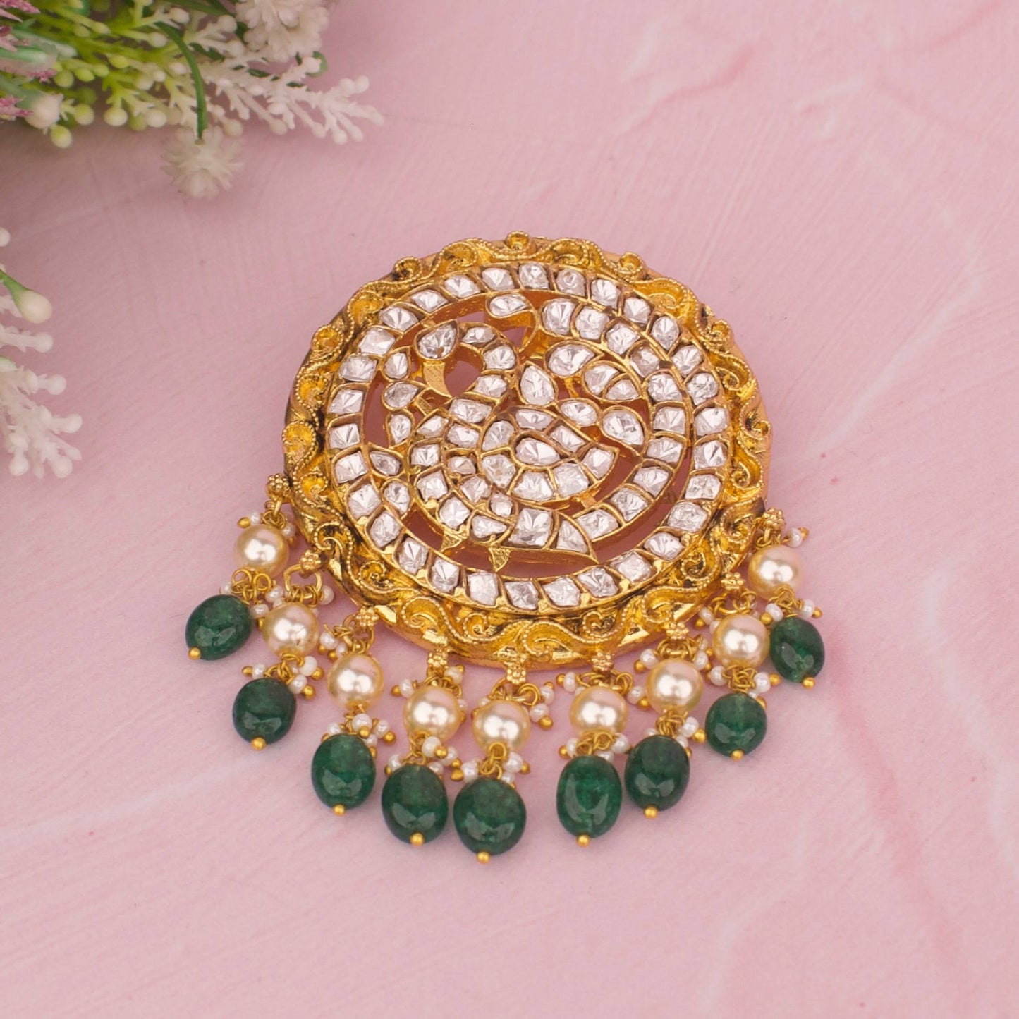 Royal Peacock Kundan Pendant With Pearl Drops