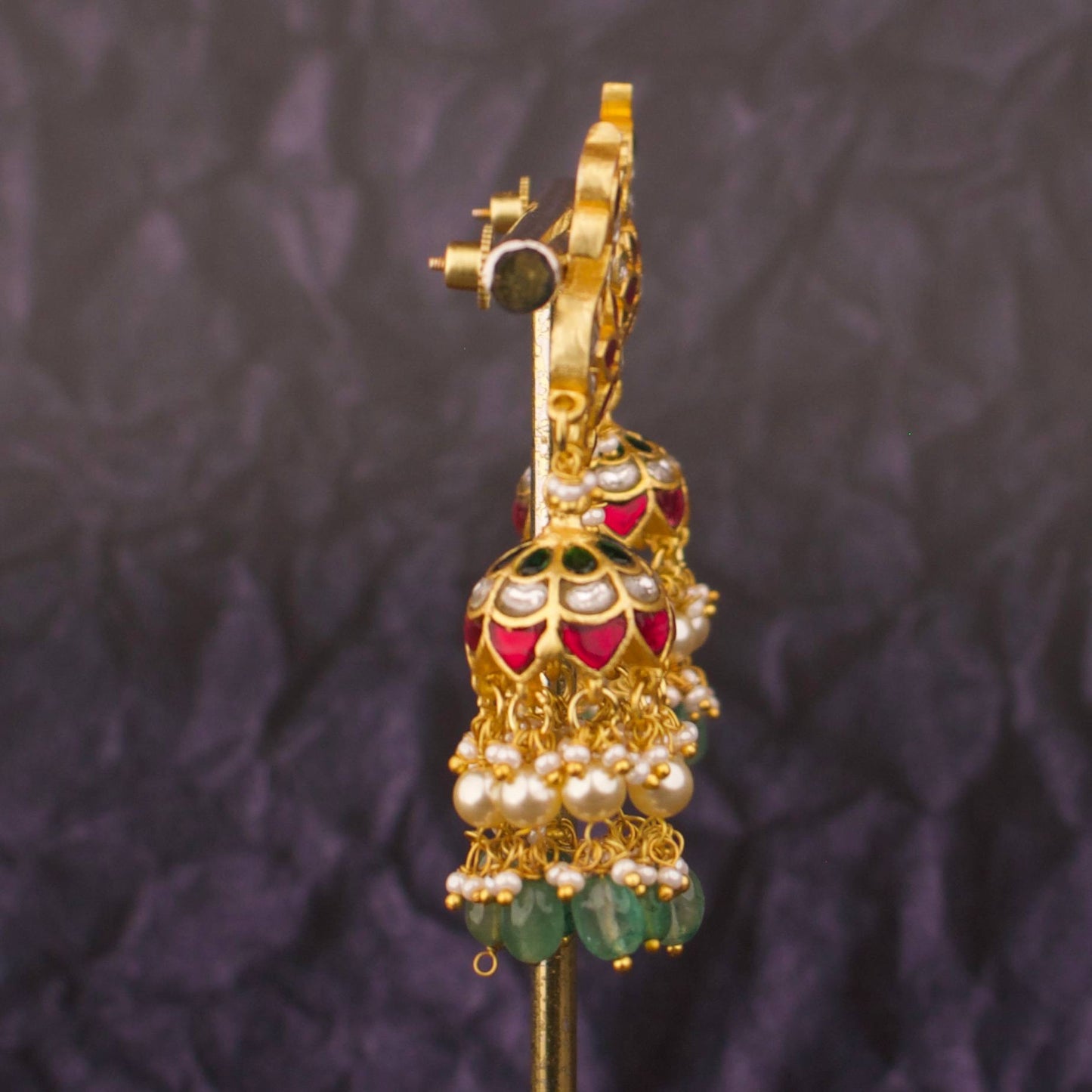 Heritage Style Jadau Kundan Jhumki Earrings With Pearl And Emerald Drops