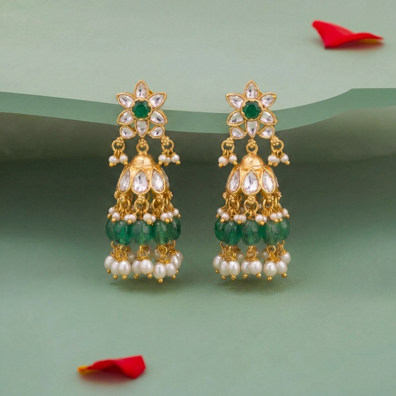 Elegant Polki Jhumka Earrings With Green Beads
