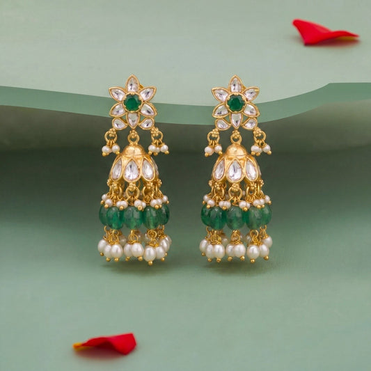 Elegant Polki Jhumka Earrings With Green Beads