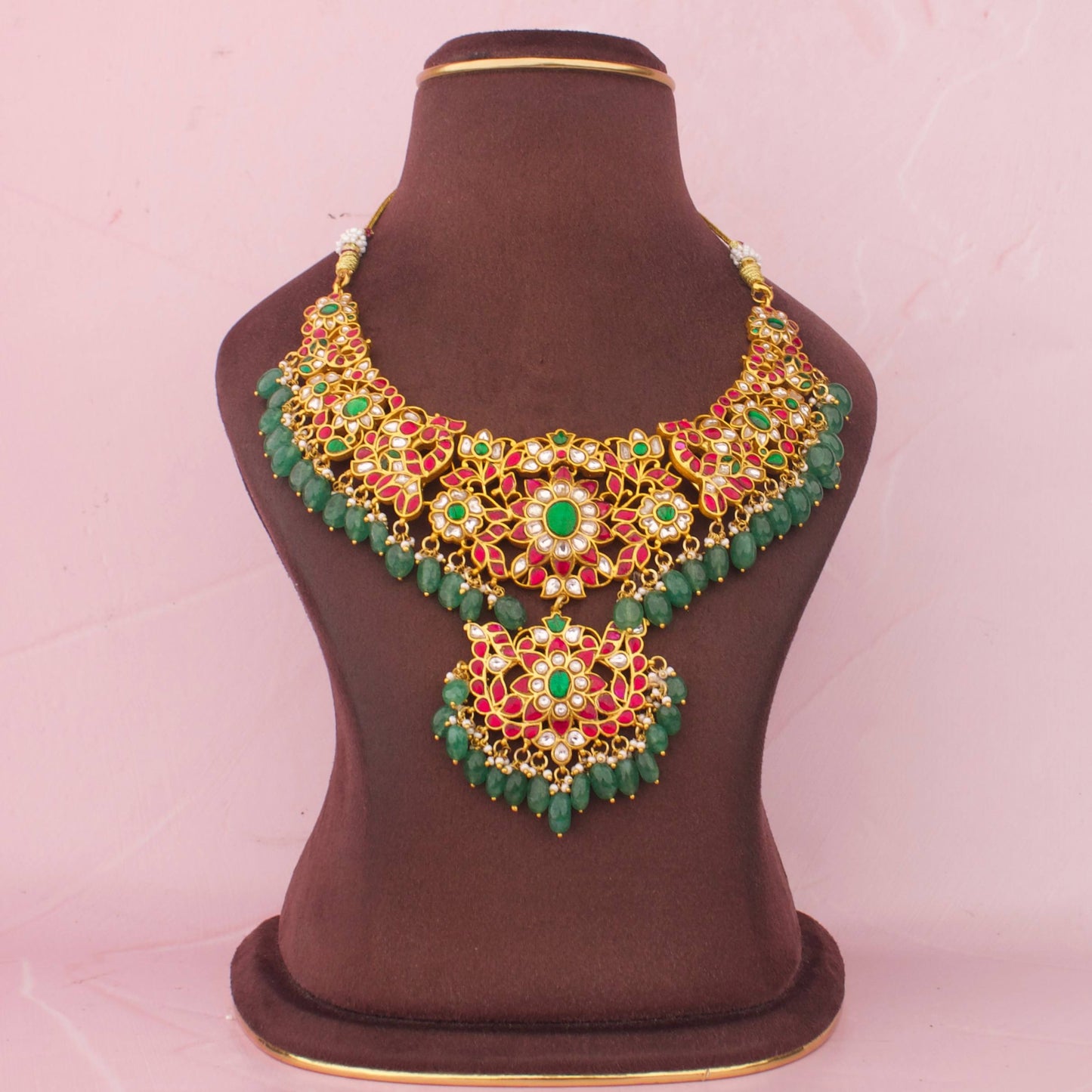 Radiant Jadau Kundan Floral Necklace With Green Hangings