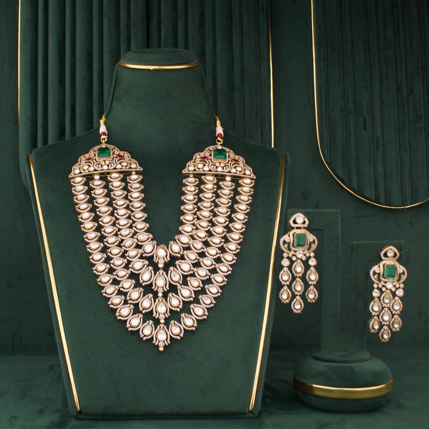 Premium Grand Victorian Polki Necklace Set With Emerald Stone And Matching Earrings