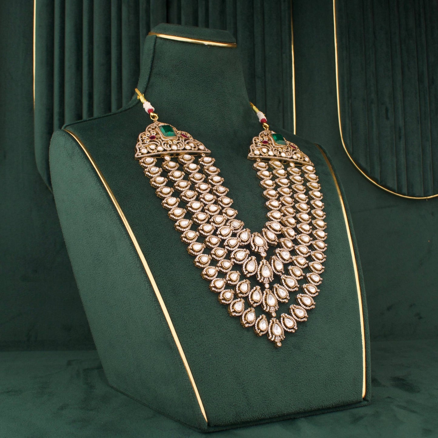 Premium Grand Victorian Polki Necklace Set With Emerald Stone And Matching Earrings