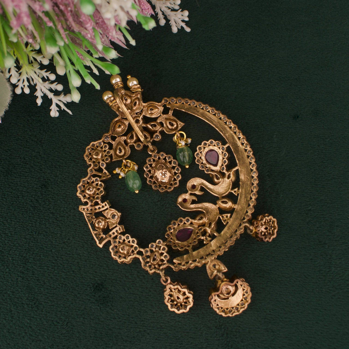 Bridal Peacock Design Fusion Kundan & Polki Victorian Pendant Set Close-up Design & Gemstone Detailing - Dulhan Jewels