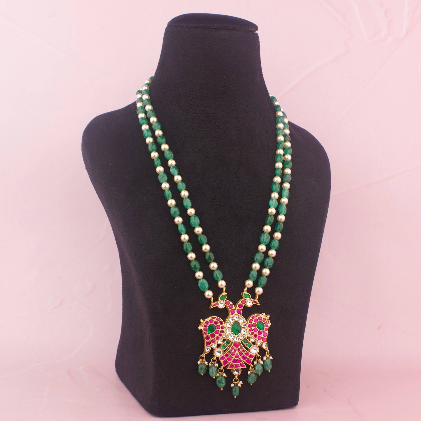 Reversible Jadau Kundan Beads Mala With Emerald Hangings Styling Angle View 4 - Dulhan Jewels
