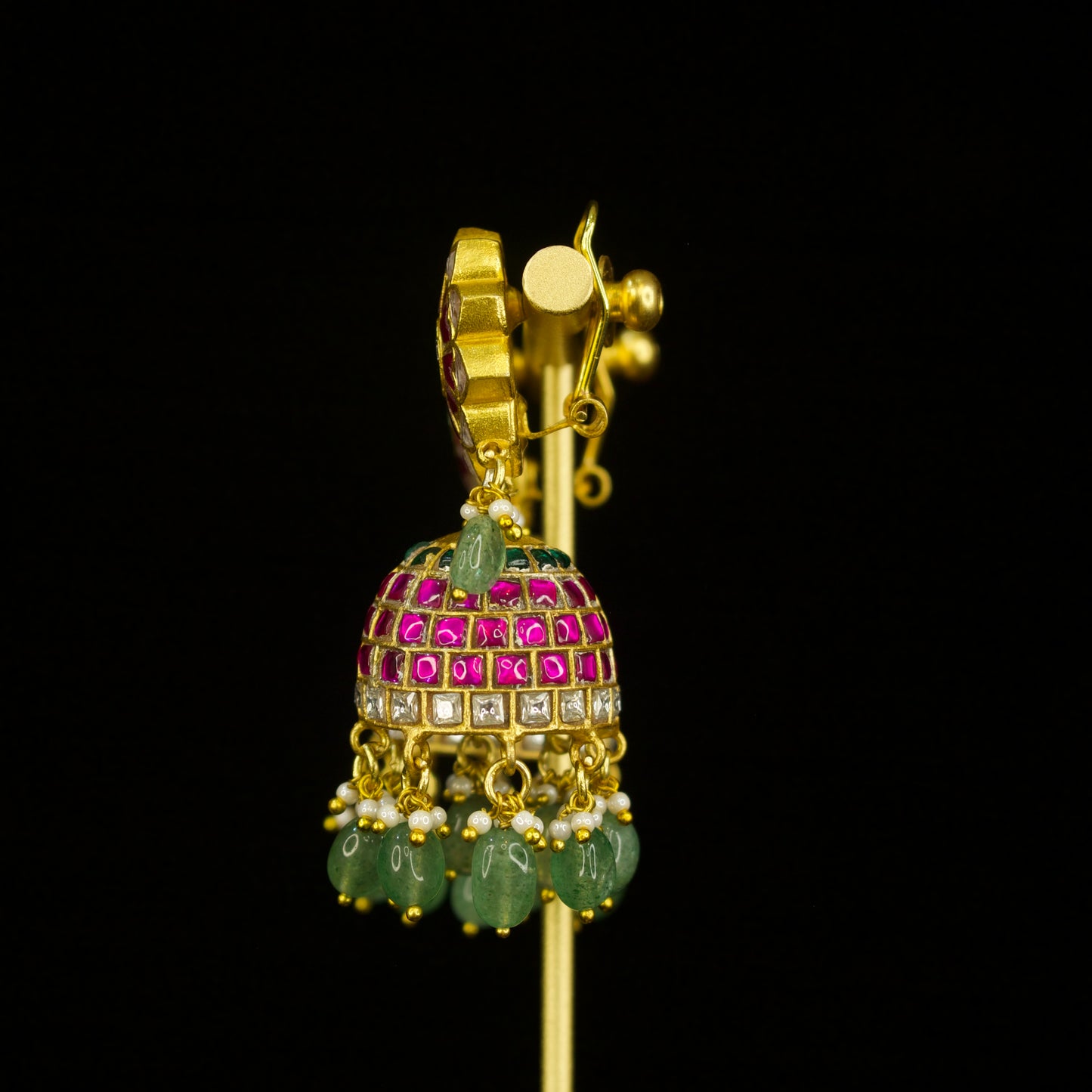 Vibrant Bloom Jadau Kundan Jhumkas with Emerald Beads