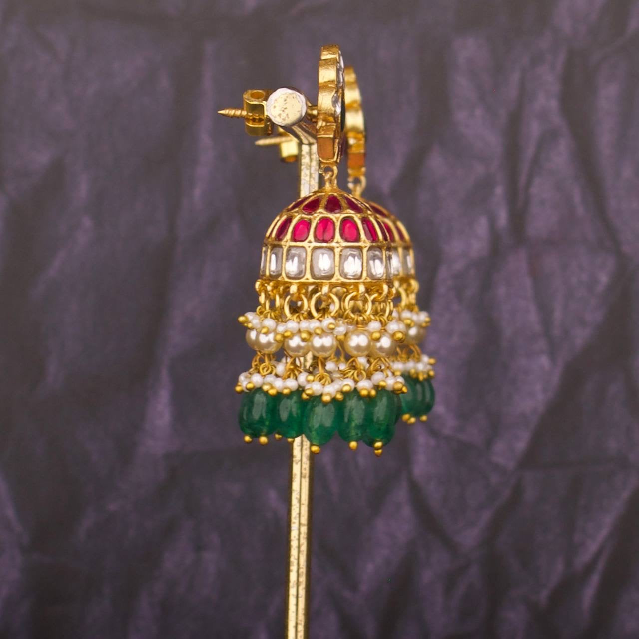 Floral Studded Jadau Kundan Jhumki Earrings With Green Beads Hangings