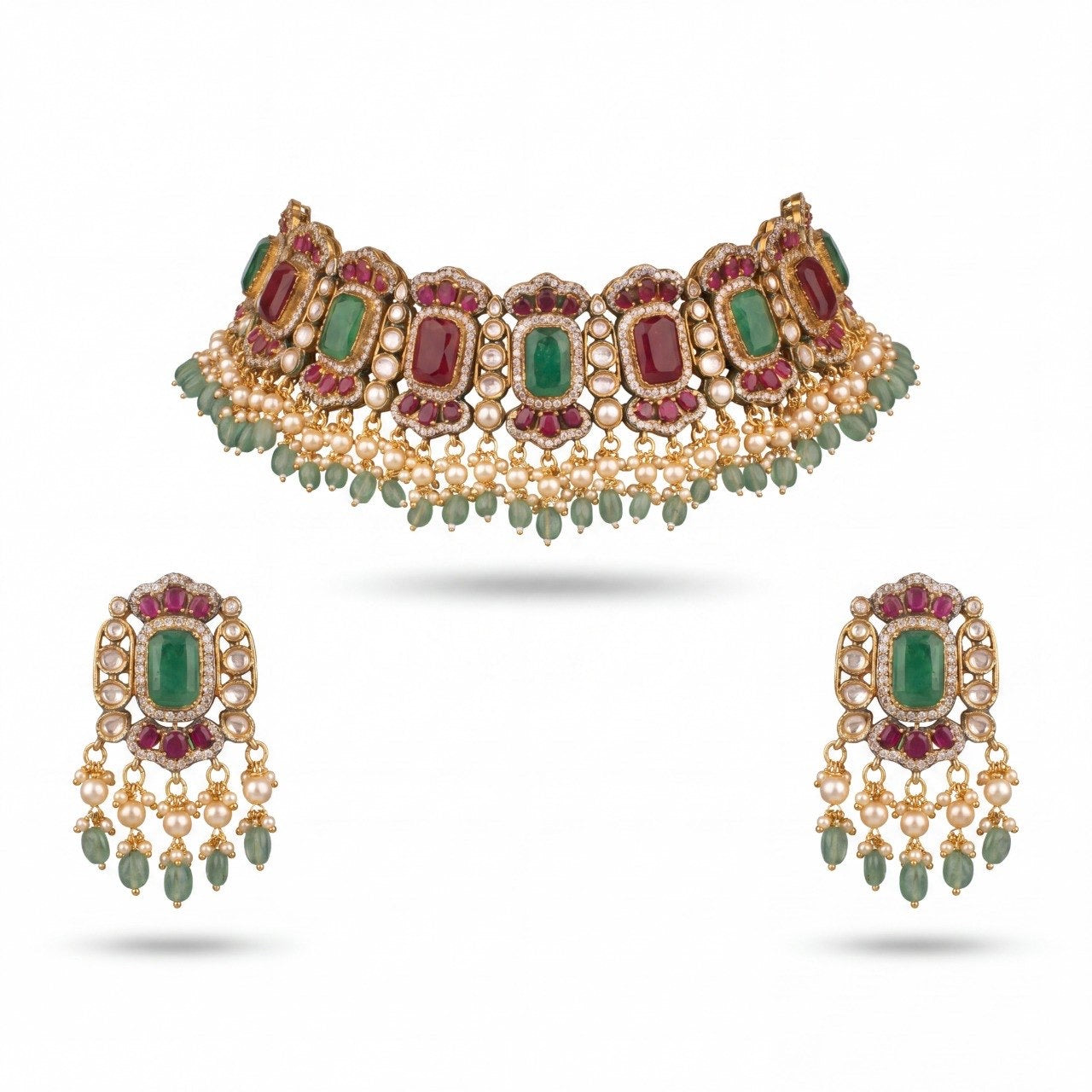Designer Victorian Polki Fusion Chokers With Matching Earrings