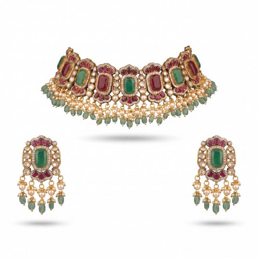 Designer Victorian Polki Fusion Chokers With Matching Earrings