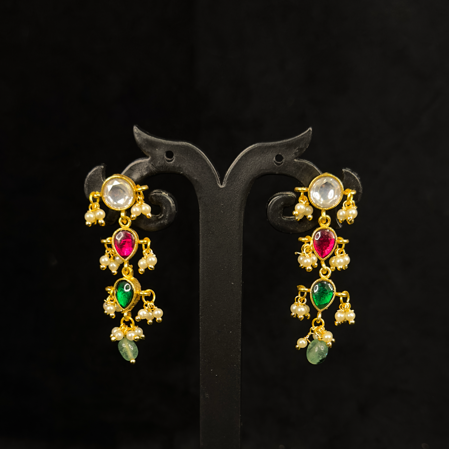 Beautiful Jadau kundan hanging earrings in tricolour