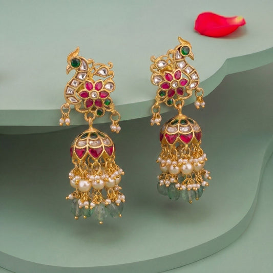 Heritage Style Jadau Kundan Jhumki Earrings With Pearl And Emerald Drops