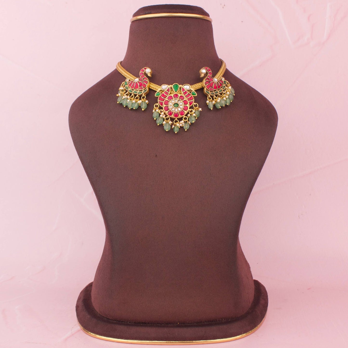 Peacock Design Nantad Chain Necklace With Ruby Stones And Green Beads